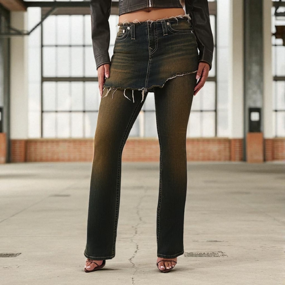 TRUE RELIGION BECCA MID RISE SKIRT OVERLAY BOOTCUT JEAN